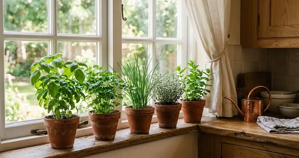 Five small terracotta pots of basil, parsley, chives, thyme, and mint on a sunny kitchen windowsill