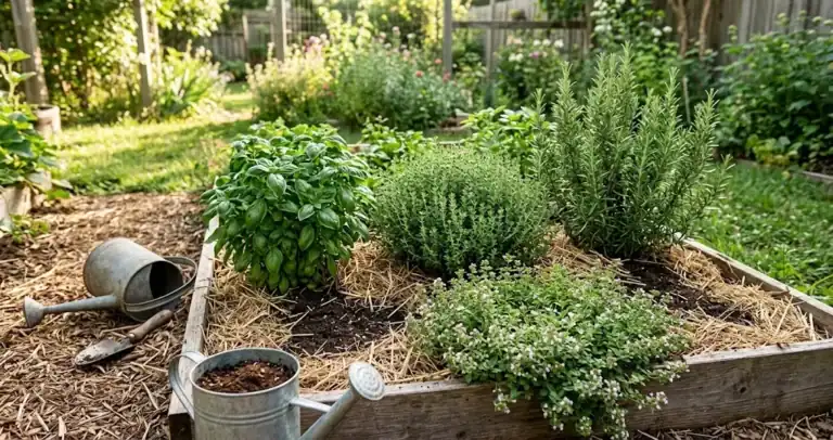 A sunlit raised bed of organic culinary herbs with thyme, basil, rosemary, and oregano mulched with straw