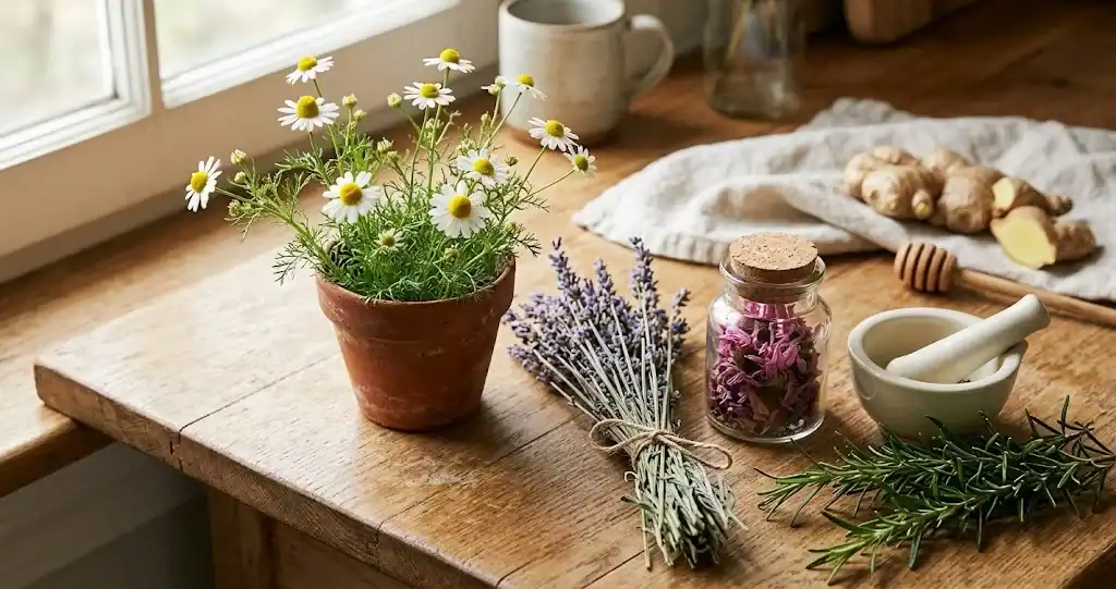 A sunlit still life of fresh chamomile, dried lavender, rosemary, and a small jar of echinacea on a wooden kitchen surface