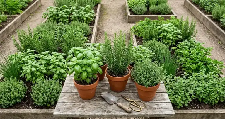 Diverse culinary herb garden in terracotta pots on a rustic wooden garden table