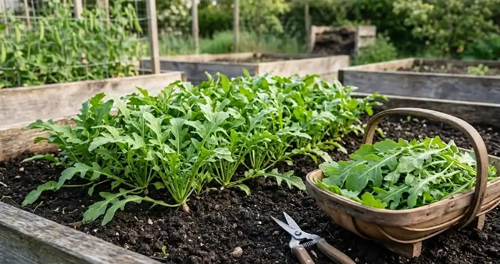 Fresh green salad rocket growing in a garden bed with herb snips and a harvest trug
