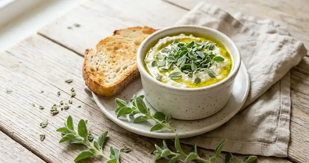 Fresh sweet marjoram sprigs with a ramekin of ricotta topped with chopped leaves, olive oil, and toasted sourdough on a wooden table
