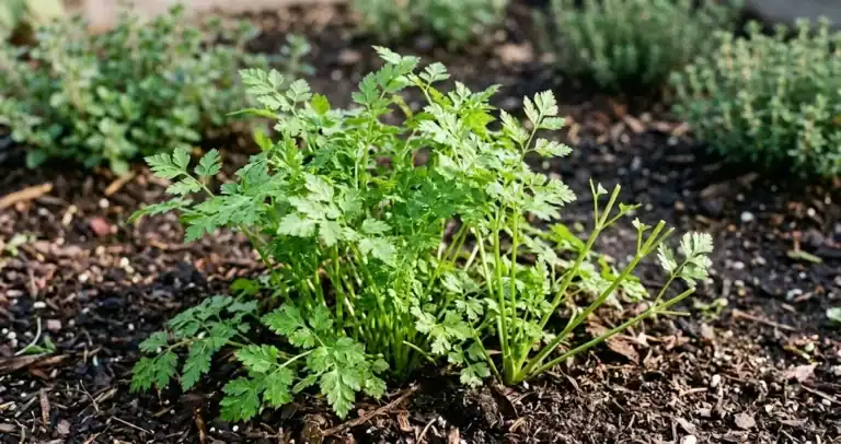 A clump of chervil plants with bright green lacy leaves in a kitchen-garden bed at first light