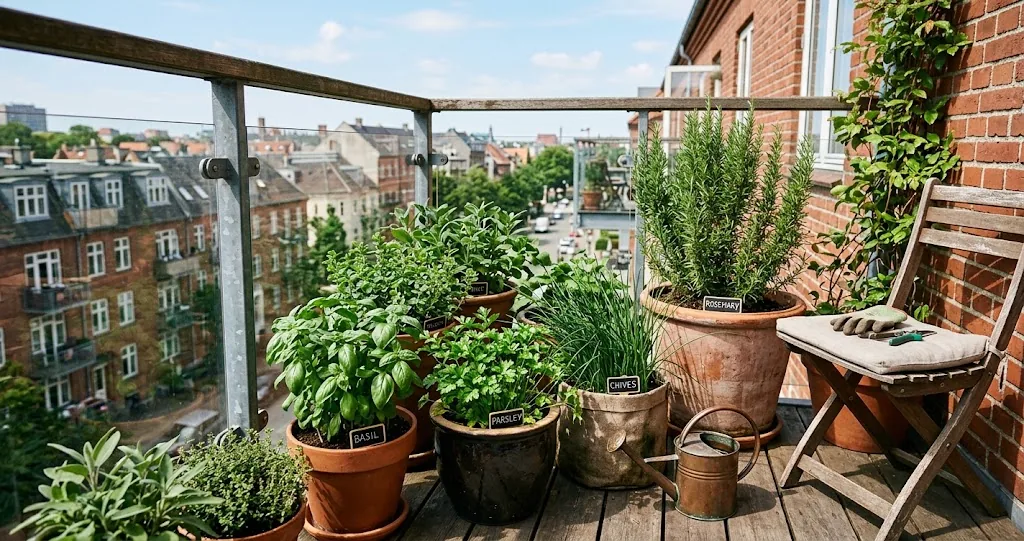 A small city balcony with several potted culinary herbs in terracotta, glazed ceramic and fabric grow bags along a railing in late-morning sun.