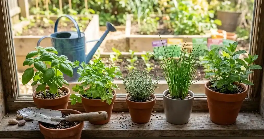 A row of starter culinary herbs in pots on a sunny kitchen windowsill, including basil, parsley, chives, mint, and thyme