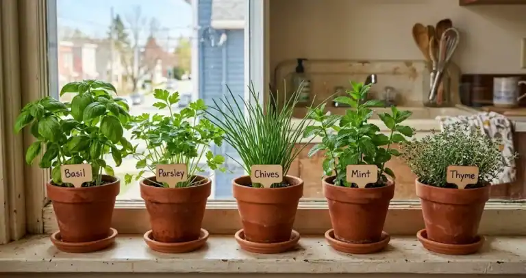 A thriving small-space apartment herb garden on a kitchen windowsill with basil, parsley, chives, mint, and thyme in clay pots