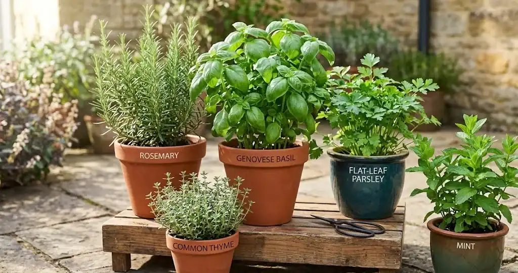 A small collection of terracotta and glazed ceramic planters on a sunny patio holding Genovese basil, rosemary, parsley, thyme, and mint