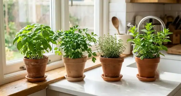 A sunny kitchen windowsill lined with potted basil, parsley, thyme, and mint in simple ceramic and terra-cotta containers
