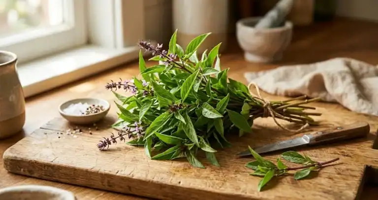 A fresh bunch of Thai basil with narrow green leaves and purple stems on a sunlit cutting board