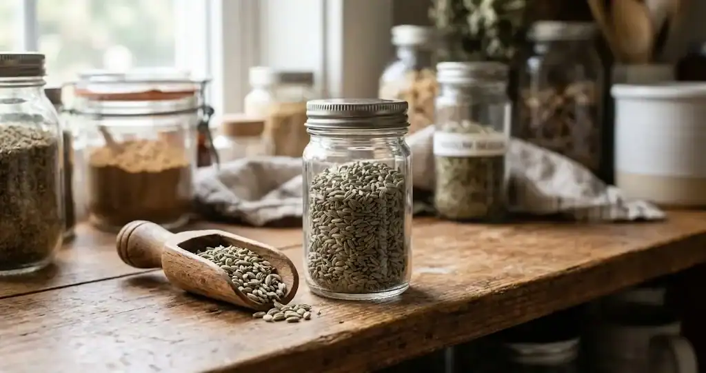 Whole culinary anise seed in a sealed glass spice jar beside a wooden scoop