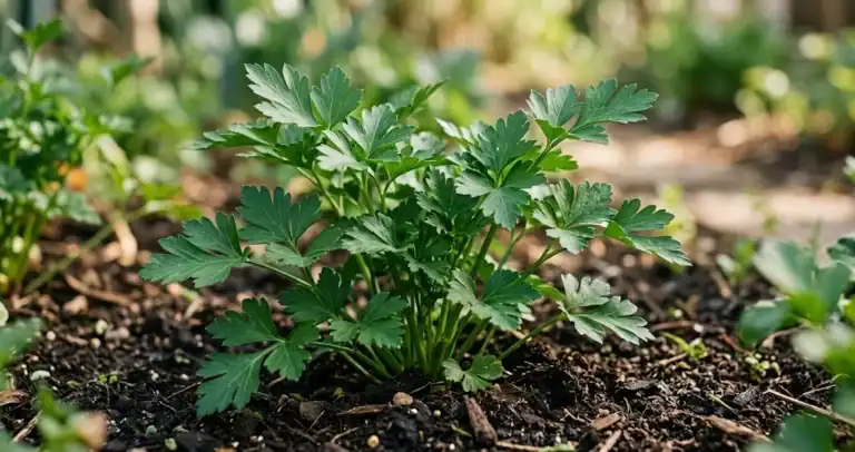 Flat-leaf parsley growing in garden soil