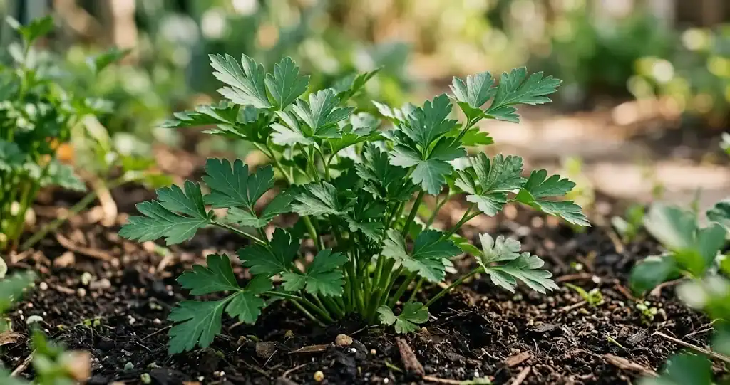 Flat-leaf parsley growing in compost-rich garden soil