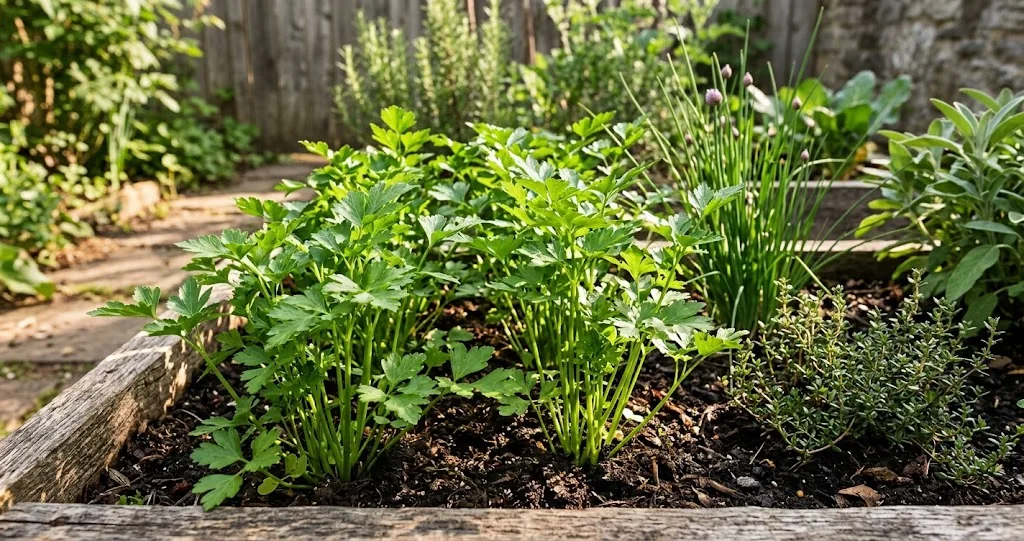 A small raised kitchen garden bed with flat-leaf parsley Petroselinum crispum in the foreground catching morning sun, surrounded by thyme and chives