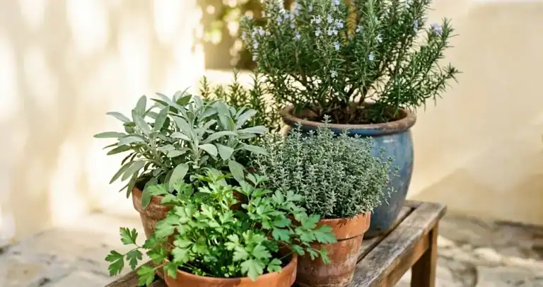 A compact kitchen herb garden of rosemary, thyme, sage, and parsley in terracotta pots on a sunny patio