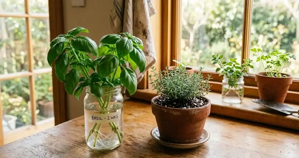 Fresh sweet basil cuttings rooting in a repurposed glass jar next to a small pot of thyme on a sunlit windowsill