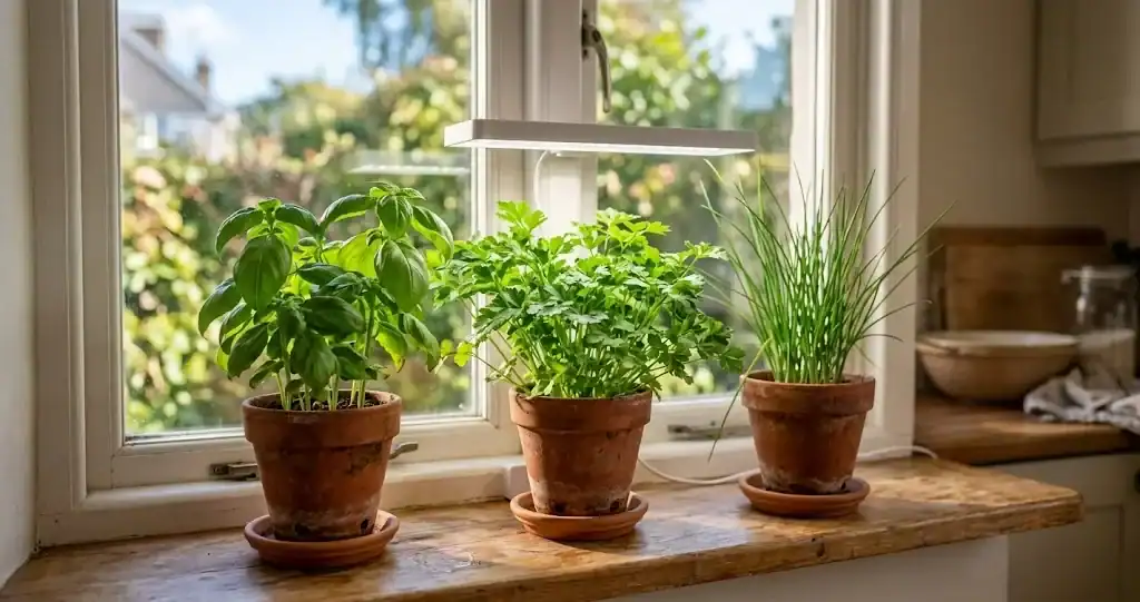 A sunny kitchen windowsill with three small terracotta pots of sweet basil, parsley, and chive catching morning light
