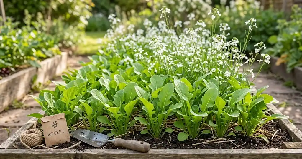 A row of rocket Eruca sativa in a small kitchen garden bed with a few white four-petalled flowers, a wooden seed packet marked rocket at the bed edge, and warm late-morning light