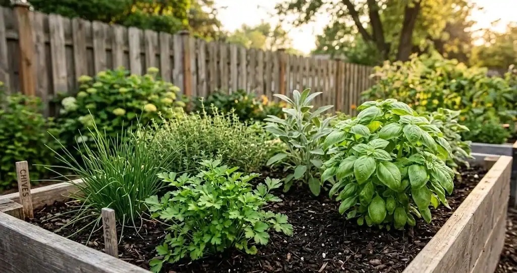 A raised bed of mixed kitchen herbs in late-afternoon sun with leafy green herbs in the foreground