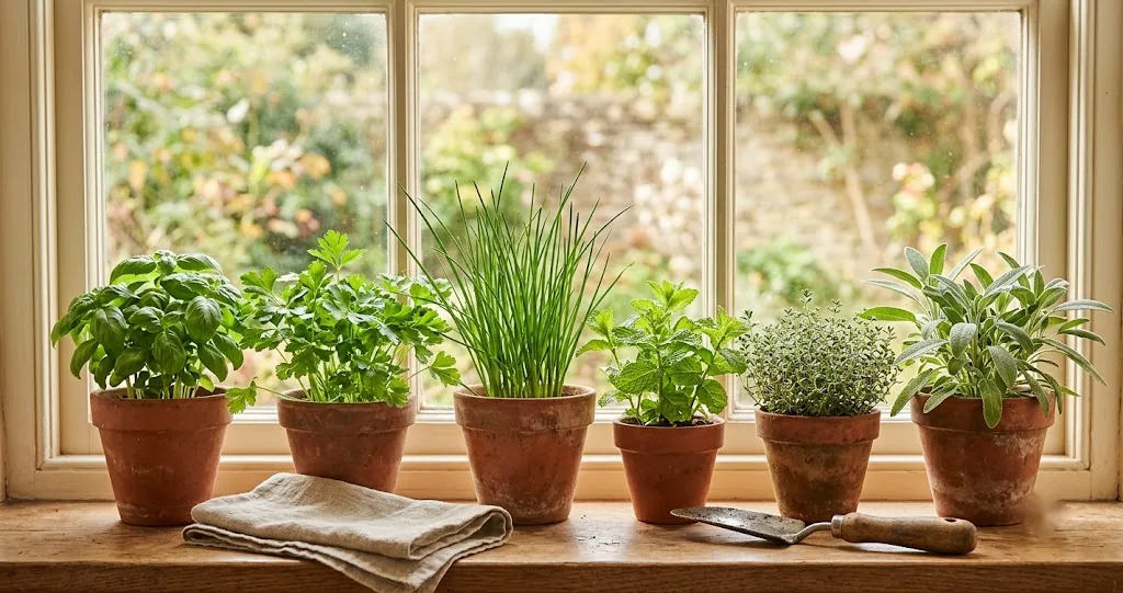 Row of small terracotta pots holding basil, parsley, chives, mint, thyme, and sage on a sun-warmed wooden bench in front of a softly out-of-focus window.