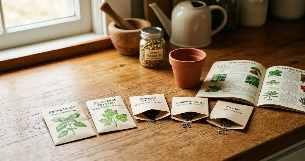 A flat-lay of small unbranded herb seed packets for basil, parsley, chive, sage, and thyme on a wooden kitchen counter beside a terracotta starter pot.