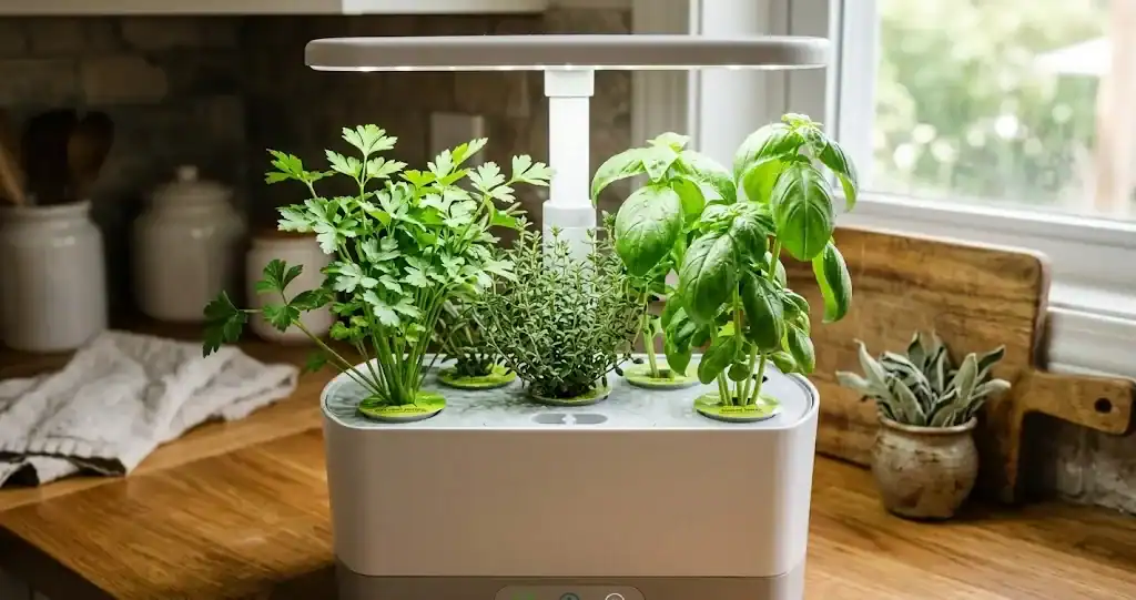 A six-pod countertop hydroponic herb garden with parsley, thyme, and basil growing under an LED hood on a warm kitchen counter