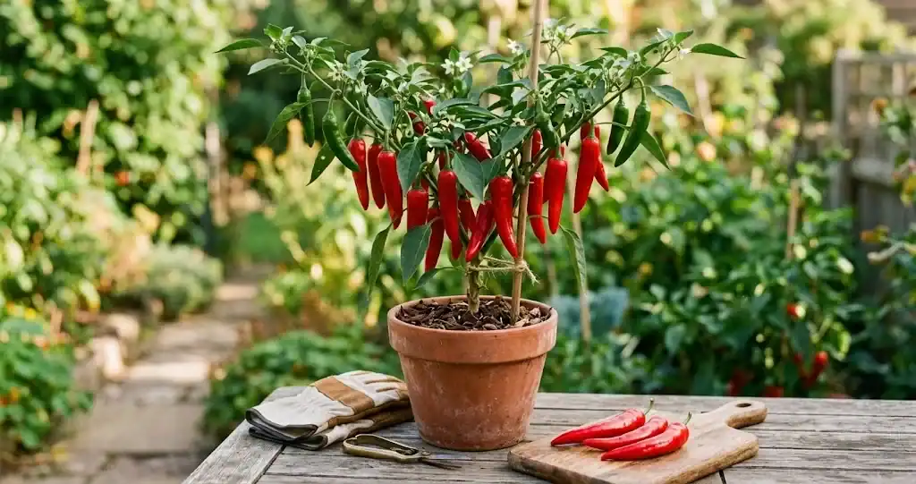 A mature red chili pepper plant in a terracotta pot on a sunlit wooden patio, glossy red peppers ready to pick