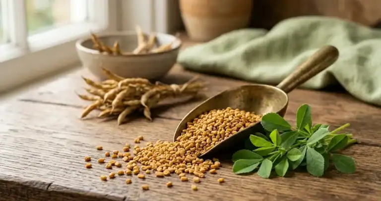Small amber-golden fenugreek seeds in a wooden scoop with a few fresh three-leaflet fenugreek leaves on a rustic wooden board