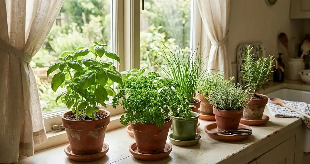 A row of potted culinary herbs including basil, parsley, chives, thyme, and rosemary on a sunlit kitchen windowsill
