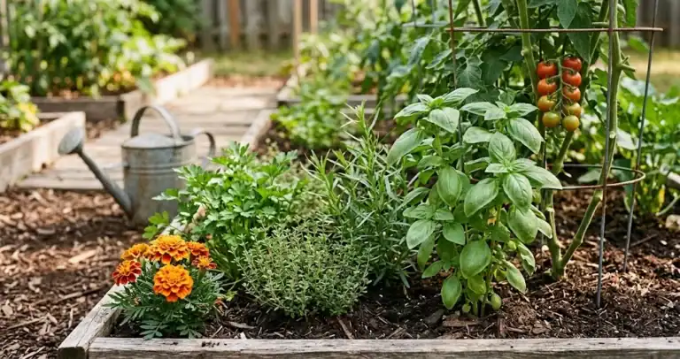 Sunlit kitchen garden bed with a basil companion plant growing next to a tomato cage, parsley, thyme, and French tarragon nearby and a marigold at the front edge