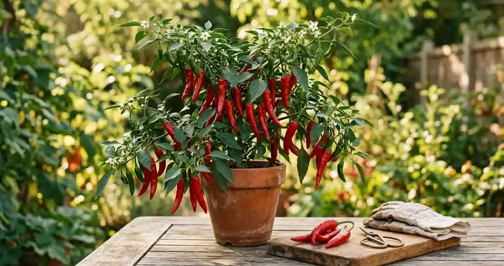 Mature red chili pepper plant in a terracotta pot on a sunlit patio table, ripe pods and small white flowers on the same plant, garden snips and a few picked peppers on a cutting board beside it