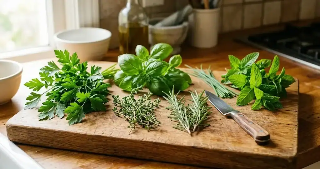 A collection of fresh culinary herbs arranged on a wooden cutting board including flat-leaf parsley, sweet basil, thyme, rosemary, chives, and spearmint