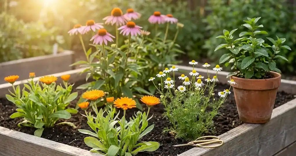 A sunny backyard raised bed with calendula in orange bloom in front, chamomile in feathery white flowers beside it, and echinacea in pink-purple bloom at the back, with a terracotta pot of peppermint at the corner