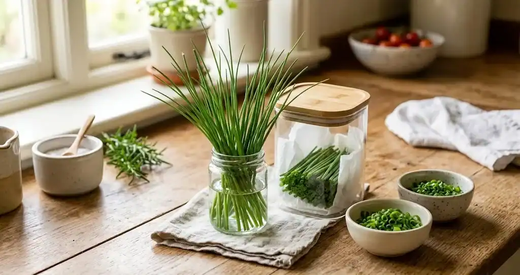 Freshly harvested chives on a wooden kitchen counter with a storage jar, damp towel wrap, and chopped chives