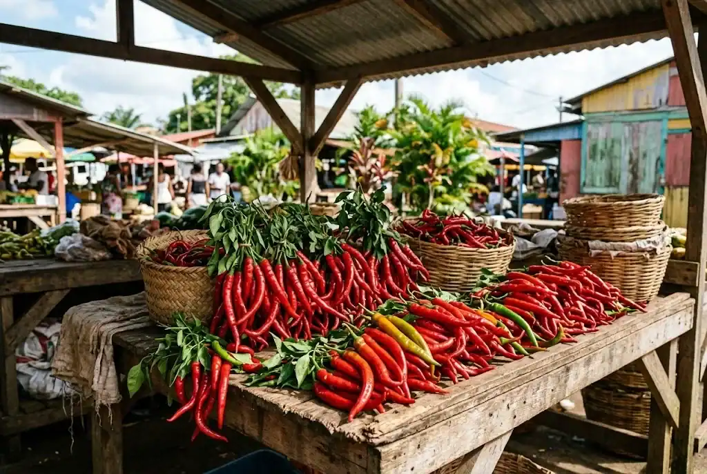 Long, thin red cayenne peppers in a market basket at Cayenne, French Guiana, with green unripe pods beside red ripe ones