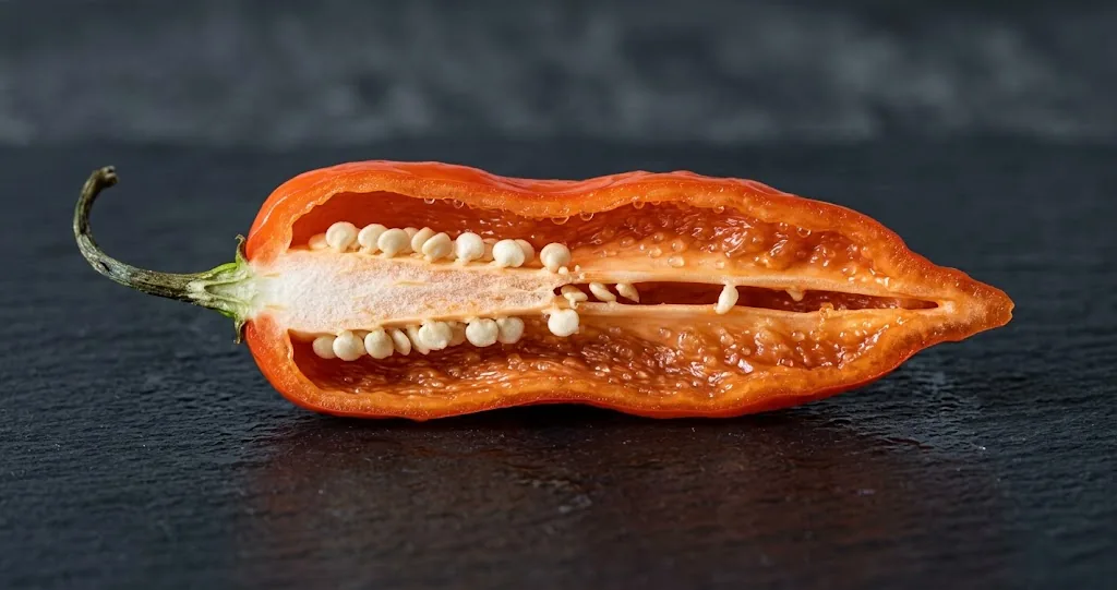 Macro cross-section of a halved ripe orange habanero pepper showing inner placenta and capsaicin resin droplets on dark slate