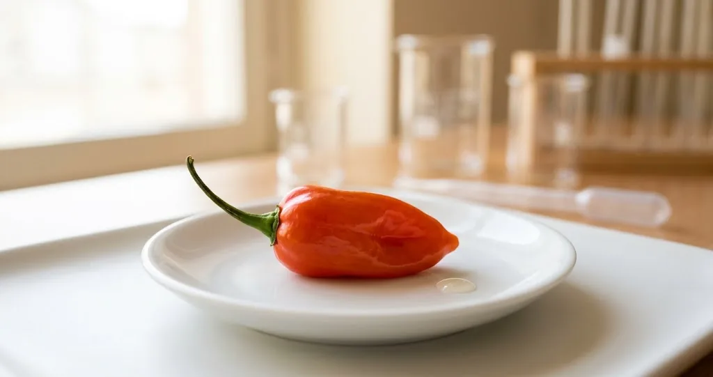 Single chili pepper pod in a white porcelain dish with a small laboratory pipette in soft warm studio light