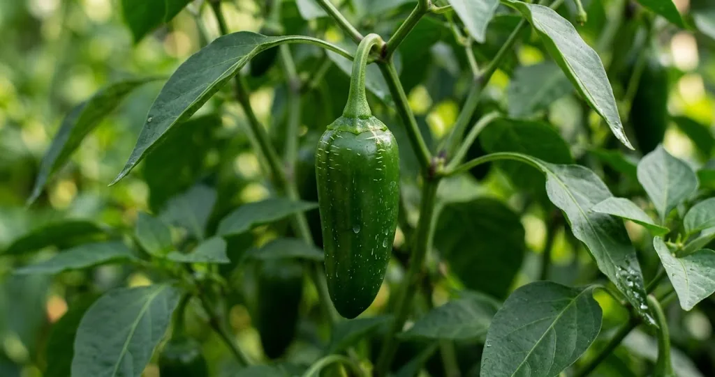 Single mature glossy dark green jalapeño pepper pod hanging on a living garden plant with subtle corking lines