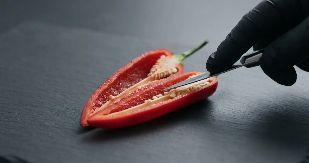 A gloved hand uses a paring knife to indicate the pale placenta of a halved ripe red chili pepper on dark slate, showing where capsaicin is concentrated