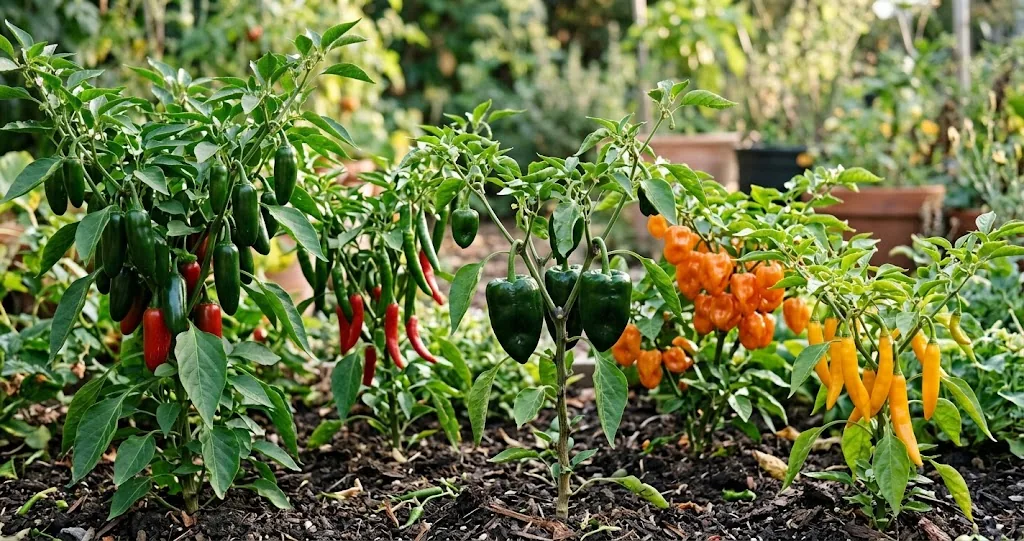 Colorful harvest array of fresh chili peppers showing varied species, colors, and shapes