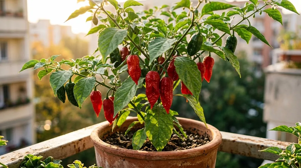 Bushy mature ghost pepper plant laden with ripe red Bhut Jolokia pods in an outdoor raised bed