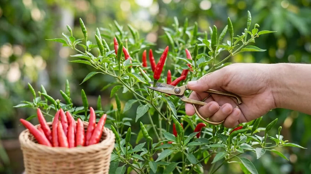 A gloved hand with brass snips cuts a ripe red bird's eye chili from a leafy plant, with a wicker basket of small red upright pods in the foreground