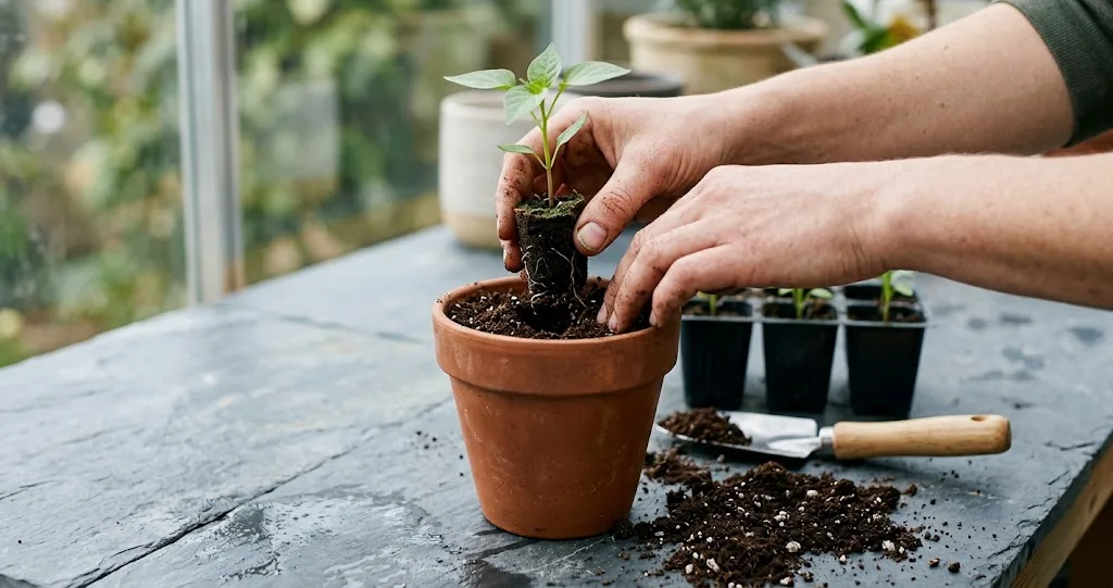 Hands potting a young chili seedling from a cell tray into a matte terracotta pot