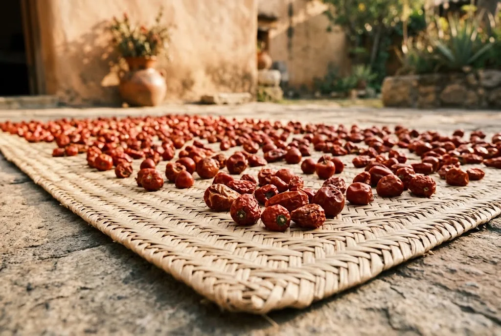 Small ripe red chiltepin and ancestral chili pods spread across a hand-woven palm fiber mat drying under warm afternoon sunlight in Oaxaca