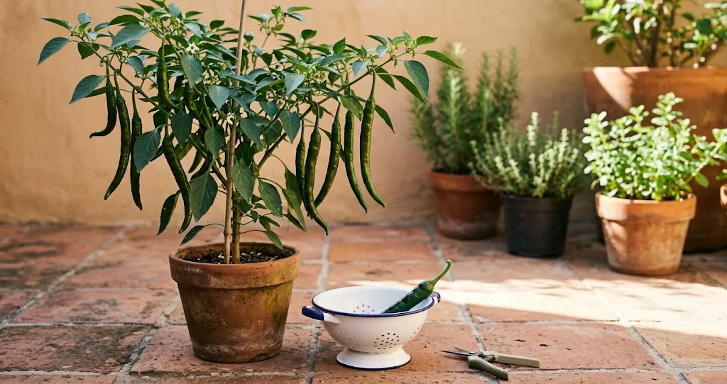 Fruiting chilaca plant beside an enamel colander holding one freshly snipped green pod on a tiled patio
