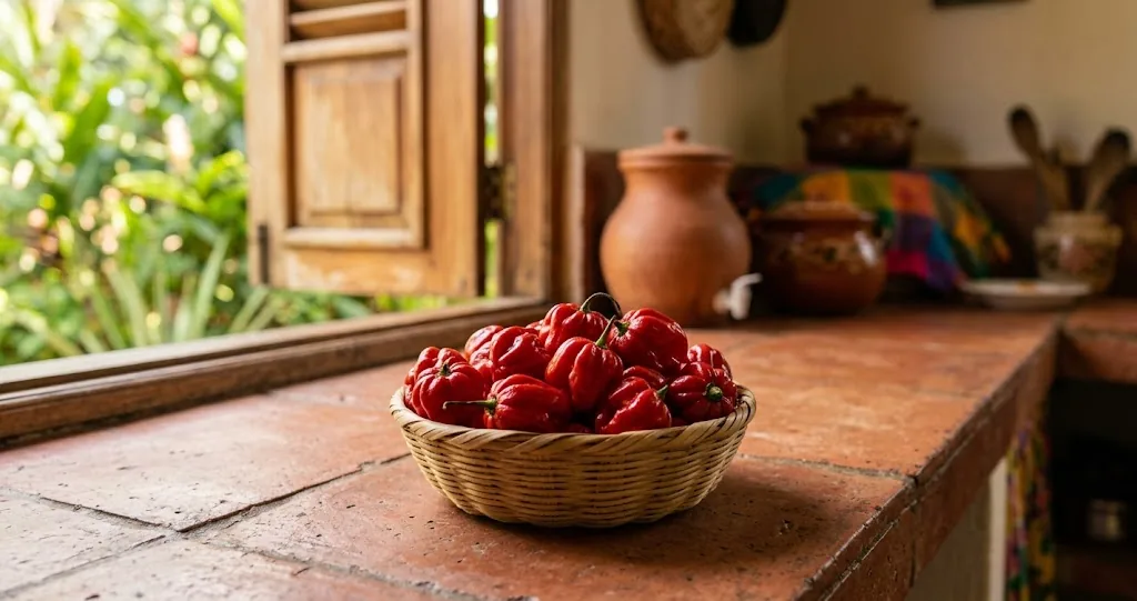 Ripe red ají dulce peppers in a woven basket in a Caribbean kitchen