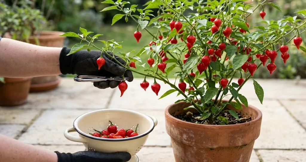 Ripe red biquinho peppers on a living Capsicum chinense plant beside an enamel colander on a tiled patio