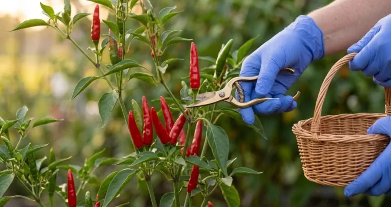 Gloved hands with brass snips cut one ripe red upright Tabasco pepper from a tall Capsicum frutescens shrub into a wicker basket