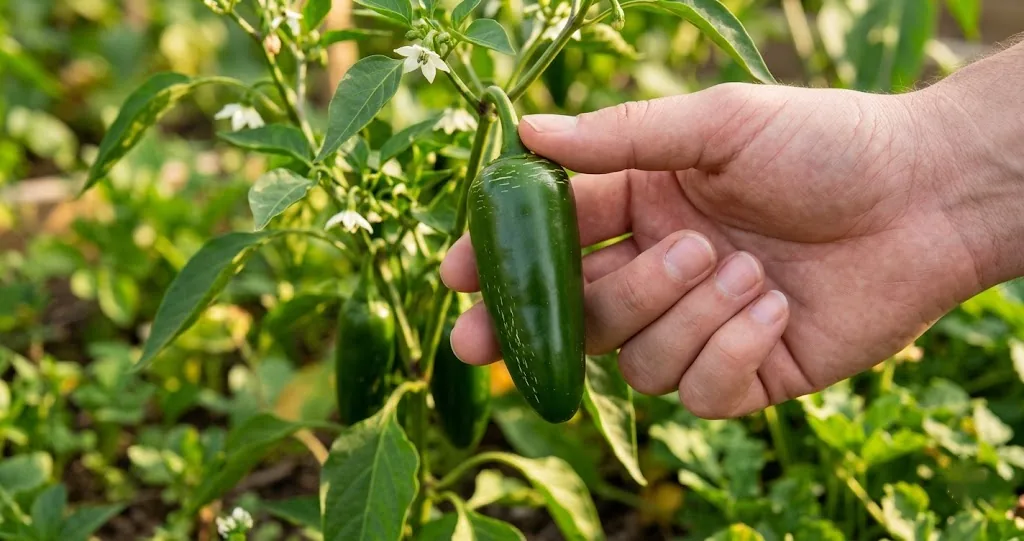 Mature dark green jalapeño pod with corking lines hanging on a living garden plant