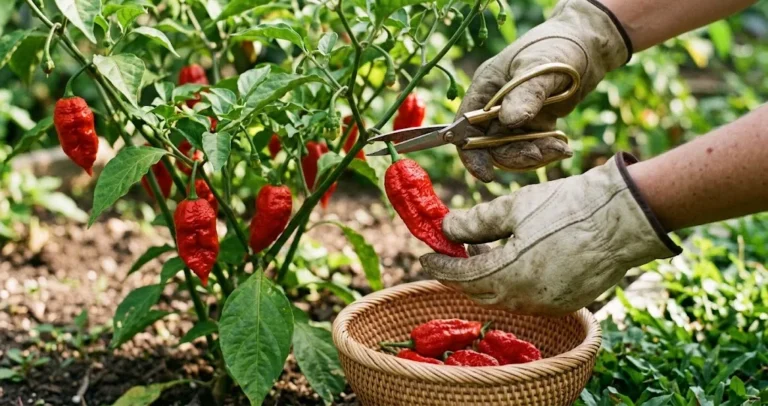 Mature bushy ghost pepper plant in an outdoor garden bed laden with ripe red pods