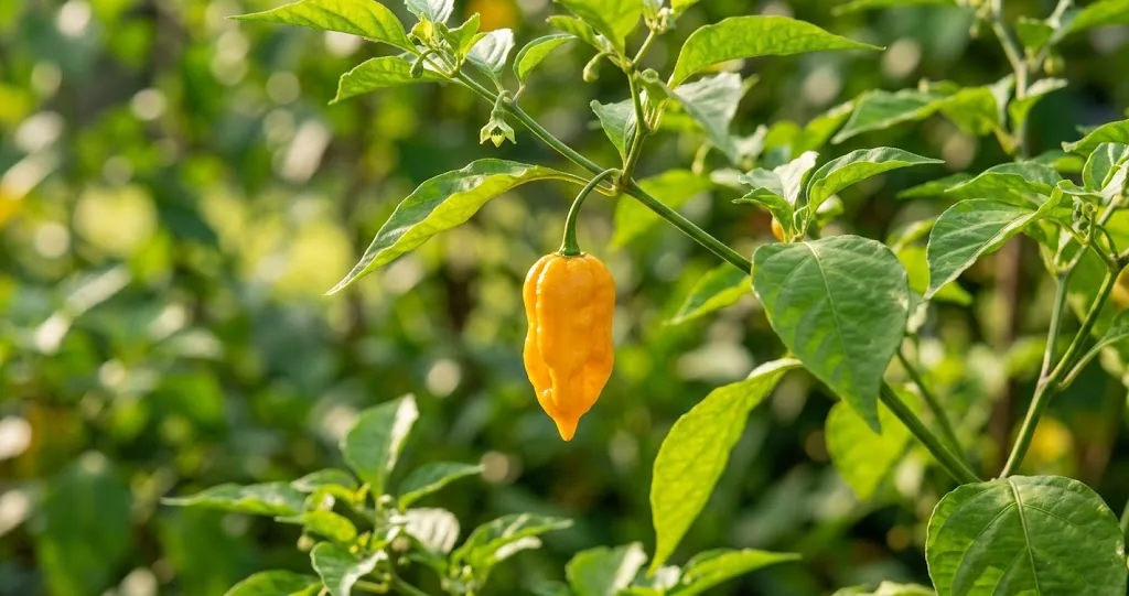 Single ripe yellow-orange datil pepper on living plant in sunny Florida garden